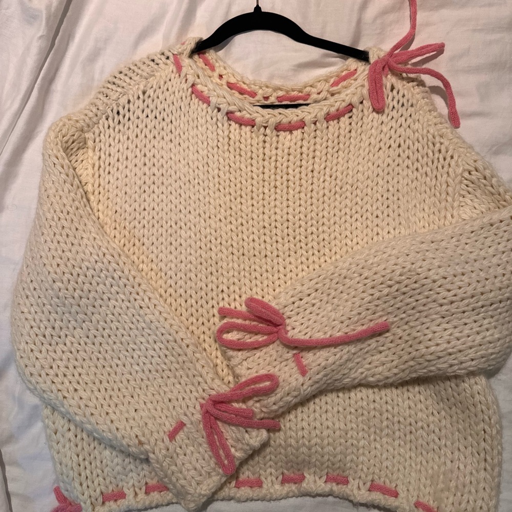 Beginning Boutique Cream Knit Sweater with Pink Tie Details